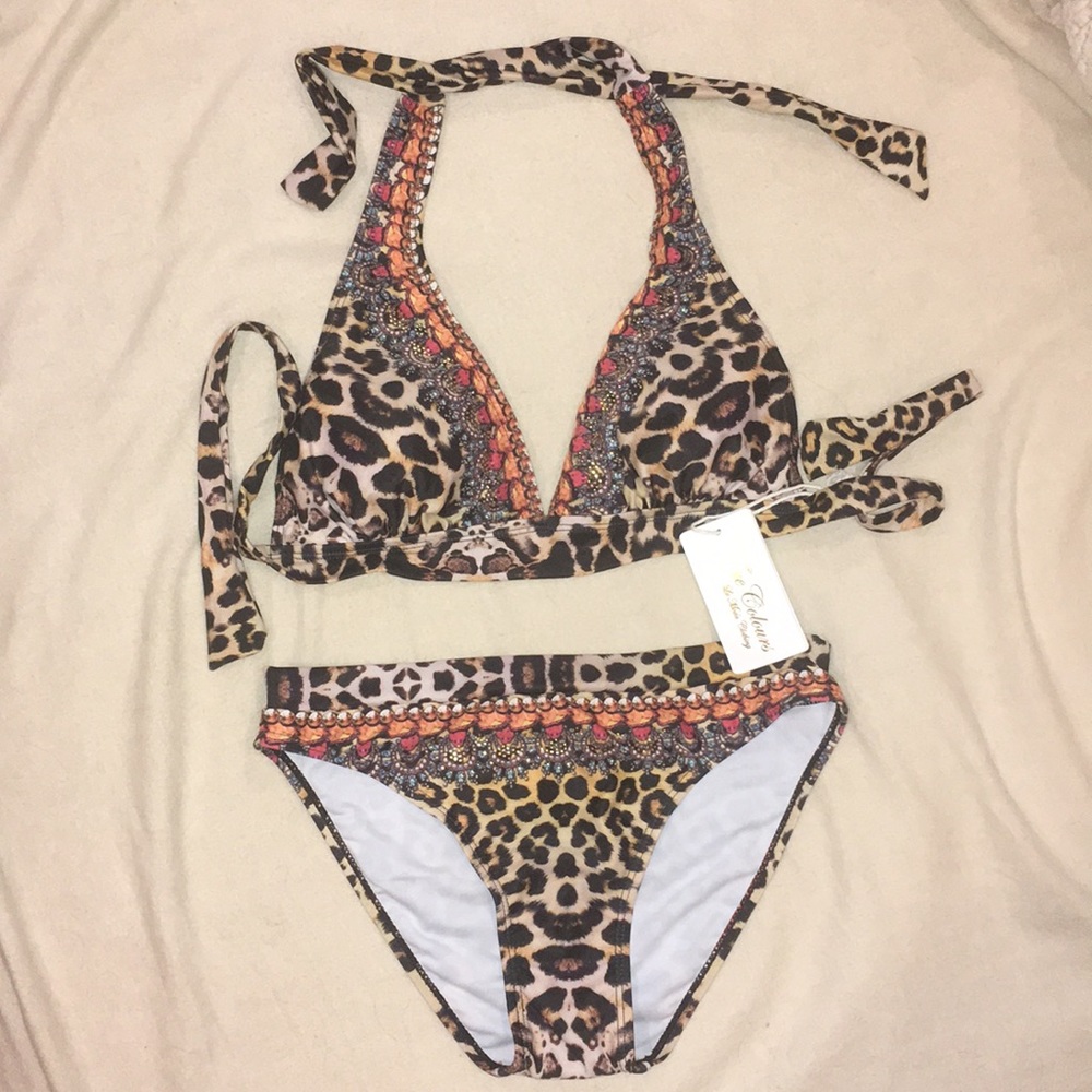 La Moda Leopard Sparkle Rhinestone Bikini Swimsuit